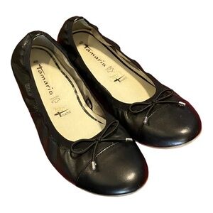Tamaris Black Leather Ballet Flats Bow Comfort Shoes Size 9